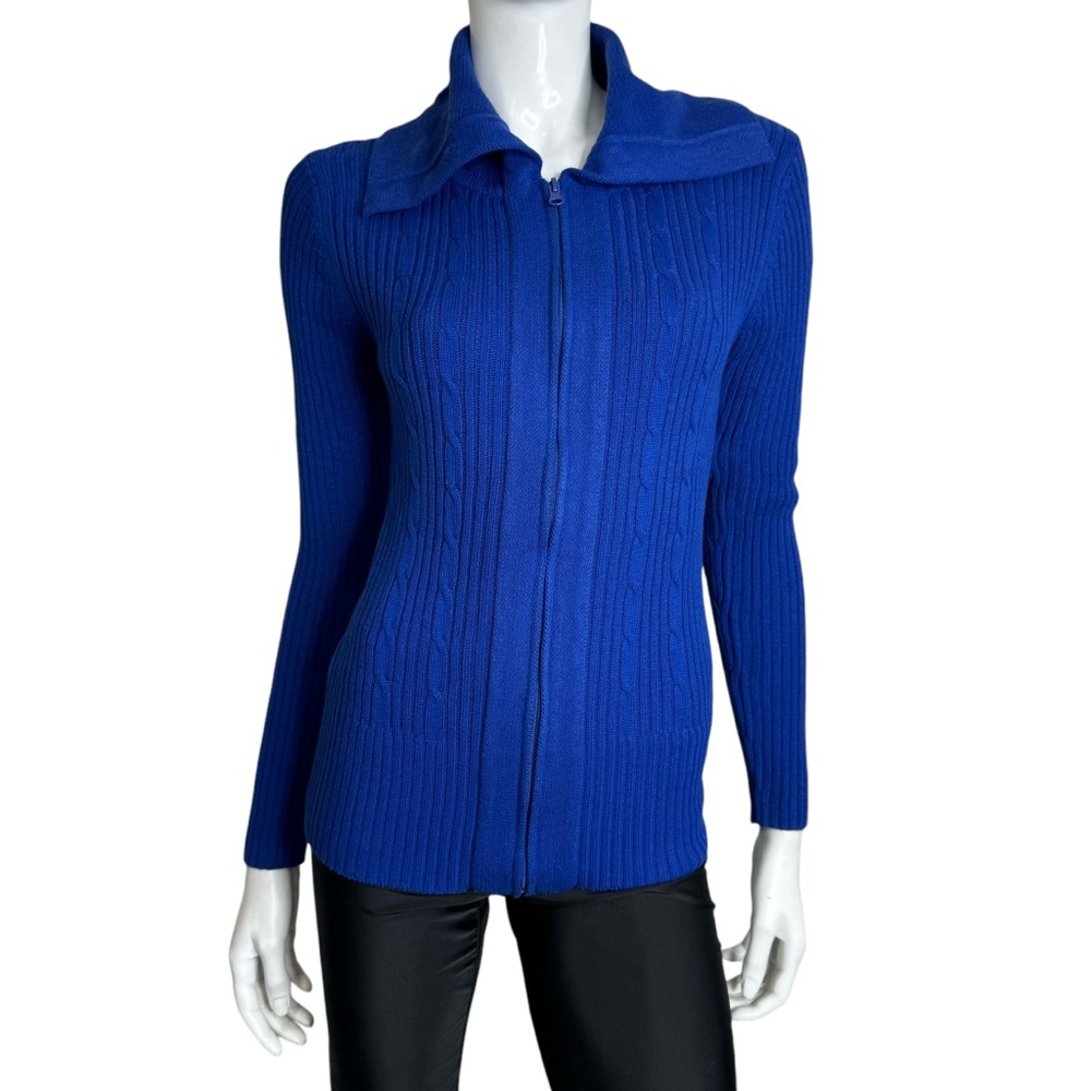 4/$24 Stephanie Rogers Chic Blue Cable‎ Knit Zip-Up Sweater Jacket